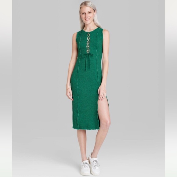 NWT Wild Fable Women's Sleeveless Lace-Up Green Ribbed Midi Dress w/ Slit - XS - Picture 2 of 9